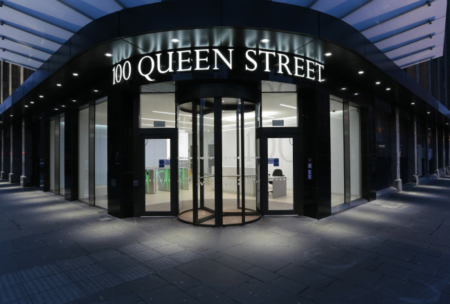 100 Queen Street built up illuminated text. Building sign, Glasgow.