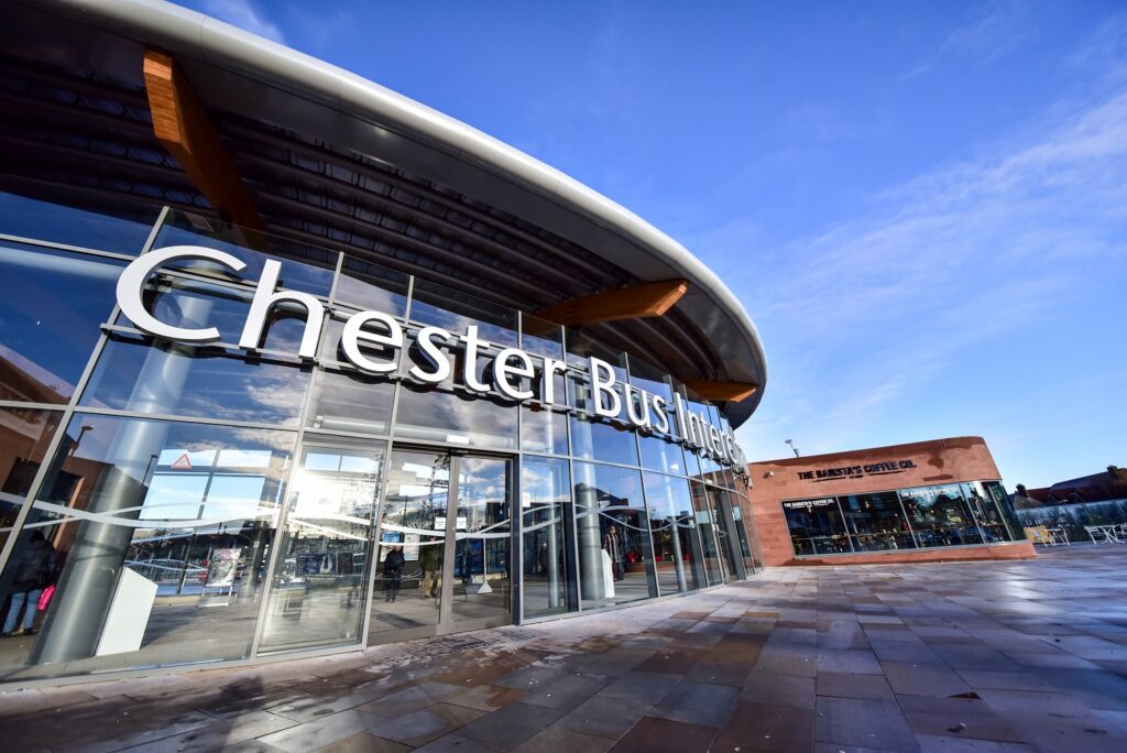 Chester Bus Interchange built up powder coated white building name sign