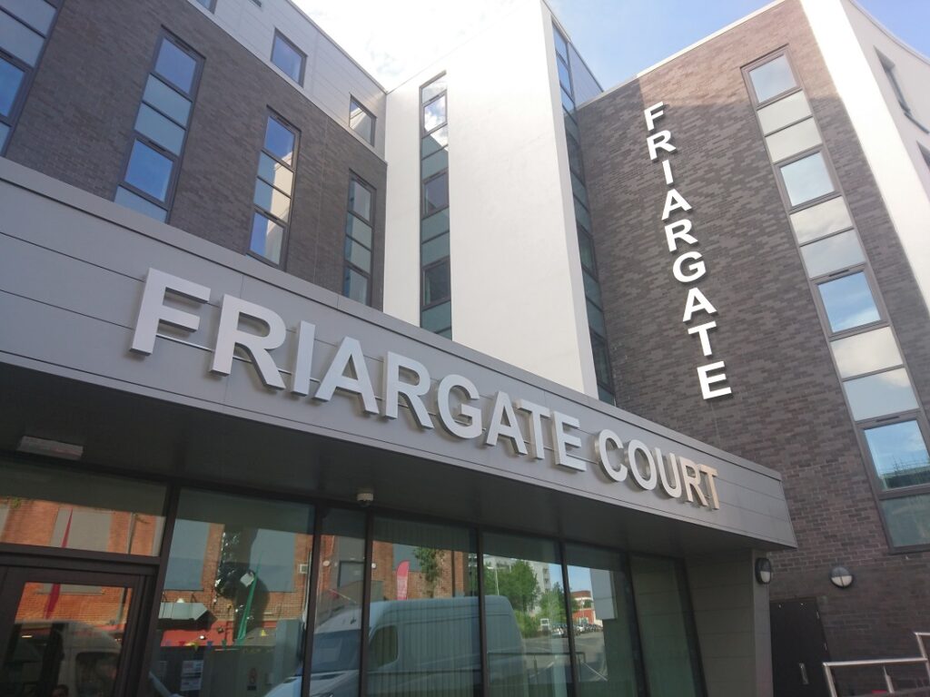 Friargate Court Built up stainless steel text. Commercial Signage.