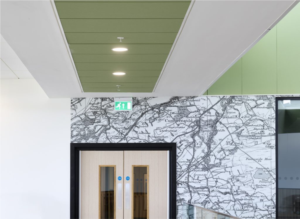 Wallyford Learning Campus digitally printed black and white map on vinyl applied to internal walls and illuminated fire exit sign