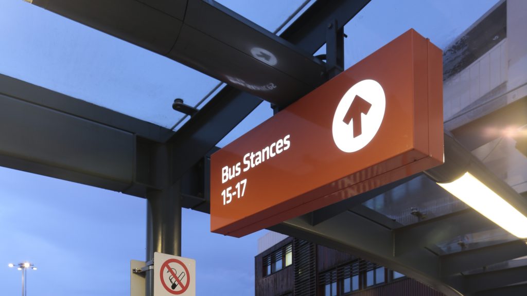 Hamilton Bus Station Internally illuminated hanging sign