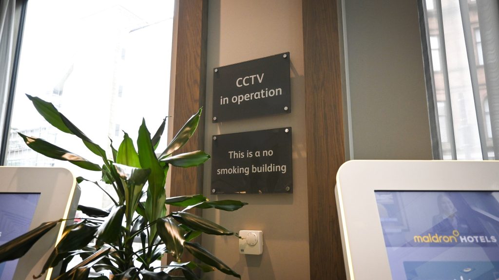Maldron Glasgow Internal Signage CCTV Sign panel with This is a no smoking building.