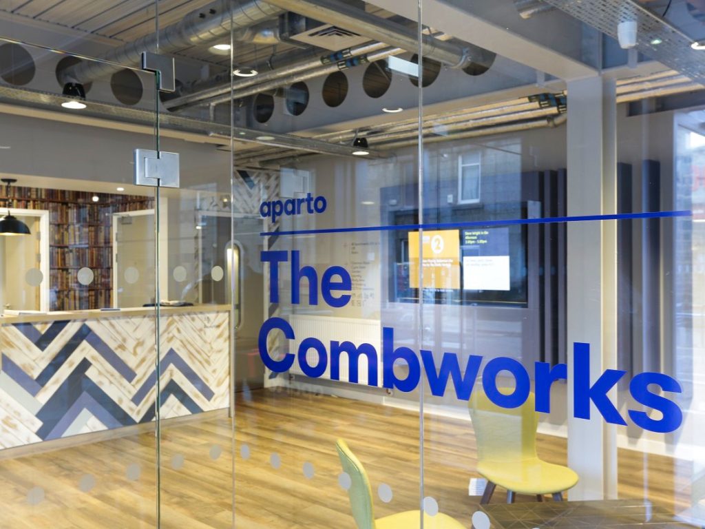 The Combworks letters and frosted dot manifestation applied to glass entrance doors