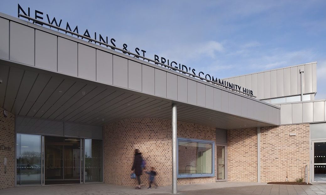 Newmains & St Brigids Community Hub Main Building Entrance Text fitted on a rail above the canopy entrance area