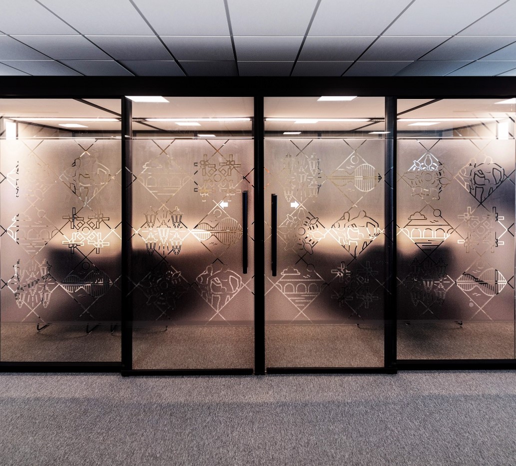 Dunedin House Meeting Room cut detail manifestations applied to internal glazing panels